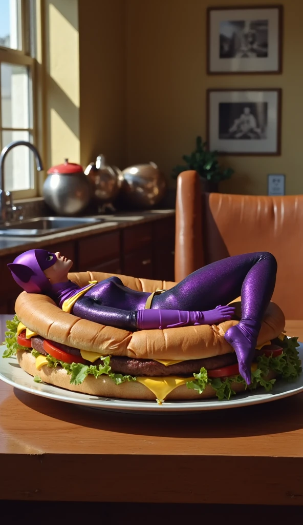 A (((vividly bodypainted Velma))) with intricate details and lifelike colors, artfully drawn on a (((20-year-old woman))) who exudes confidence and a playful smile, her legs relaxed, revealing an (((extremely prominent and conspicuously exposed pubic mound))) with contours mirroring the shape of a (massive, luxuriously stuffed ham sandwich)
