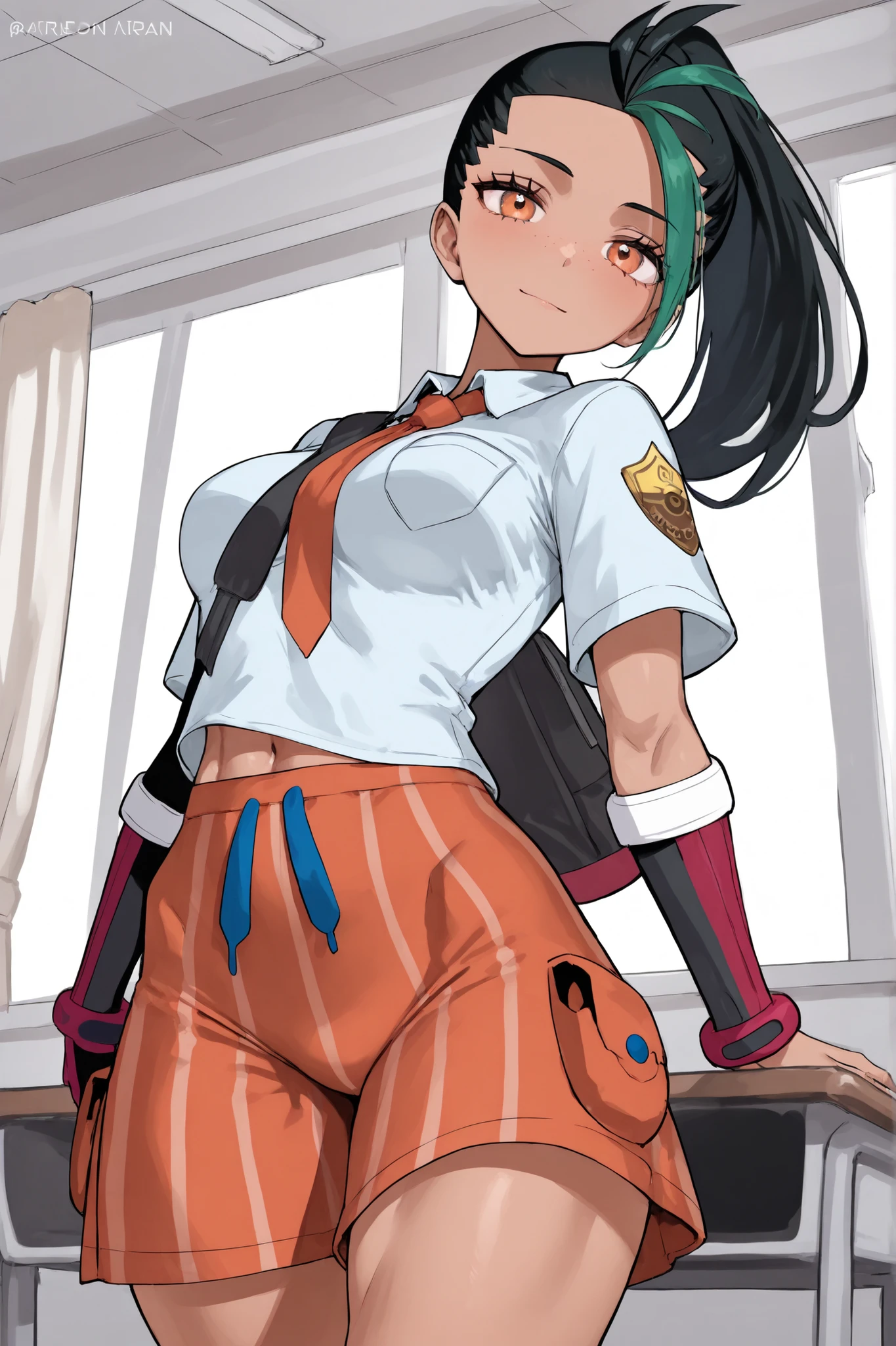 a women, alone, Nemona from Pokemon, tight body, tall, fit body, toned body, lean body, lean legs, tight hips, small hips, dressed with a school uniform, in a classroom, beautiful face, beautiful eyes, masterpiece, 8k, best quality