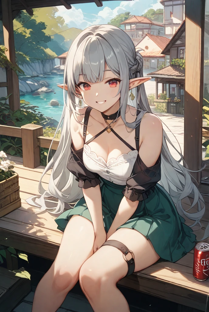 (High definition) (masterpiece) 1 girl, elf,  body, cute face, young, slender, perfect waistline, perfect legs, big breasts, in cute sundress, nice cleavage, cute green eyes, long silver hair, smiling, sexy pose