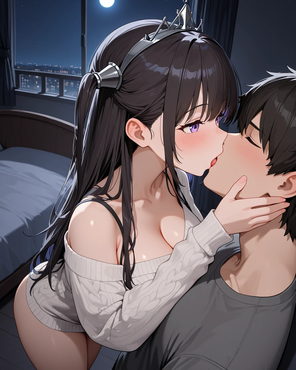 masterpiece, best quality, absurdres, 1girl, playboy bunny, bunny tail, bunny ears, 1boy, sex, (hetero:1.3), from side, sitting, (girl on top, upright straddle), vaginal, (hand on another's face), hand on another's head, eye contact, <lora:upright_straddle_20:0.7>, (blush:1.5),(sweat), open mouth, :d, smile, ferris wheel cabin interior, night, city view, sky, dark