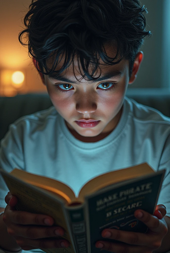 Close-up shot, Low angle shot, (An image of a young boy reading a book about King Tutankhamun under the covers with a flashlight. His eyes are wide with a mix of fear and excitement. The room around him is filled with posters of Egyptian artifacts and pyramids, creating an atmosphere of curiosity and adventure. The background is dimly lit, with shadows dancing on the walls, adding a touch of mystery to the scene.) unreal engine, 35mm lens, cinematic, highly detailed, hyper-realistic, ultra-realistic HD --q 2 --v 6.1 --ar 9:16  