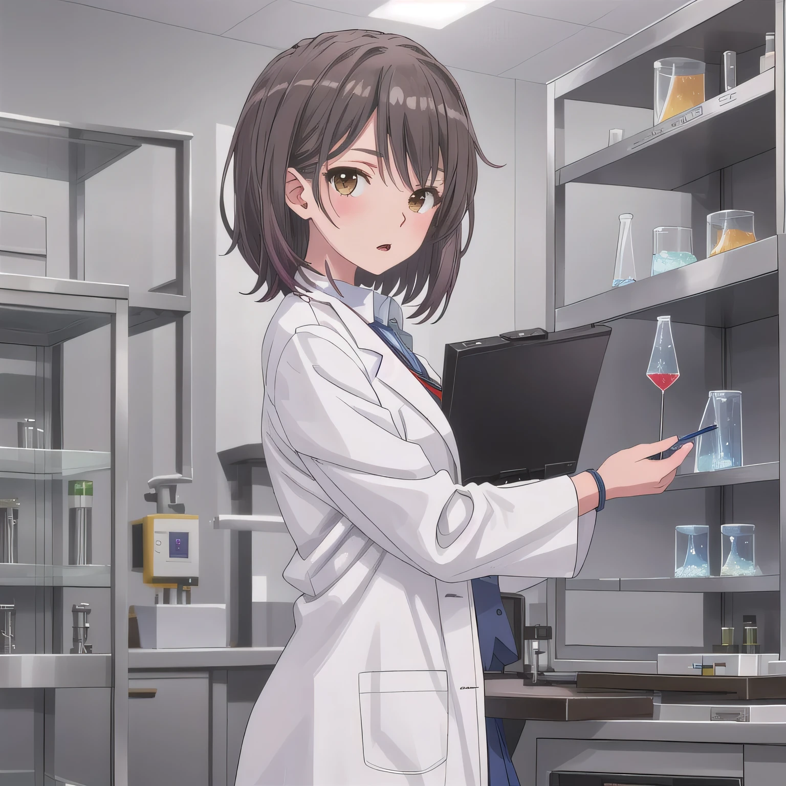 Depict a 20-year-old, stunningly beautiful woman conducting an experiment in a well-equipped science lab. She wears a pristine white lab coat over professional attire, her expression focused as she carefully handles scientific instruments. Whether her hair is long and neatly tied back or short and styled, she maintains a meticulous appearance suited for the lab environment. The background features shelves filled with scientific equipment, adding to the immersive atmosphere of the setting. Dark hair, short hair, brown eyes.