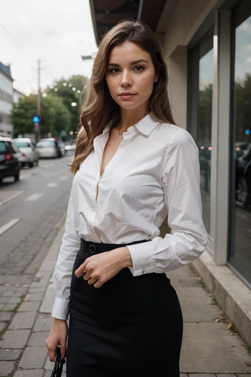 black-haired woman. slim. Bust size B. White shirt. with dark blue trousers. looking at the camera. with bag Bimba and Lola. I&#39;m going to the camera on the street. Eiffel Tower behind. photography with a cinematic camera 