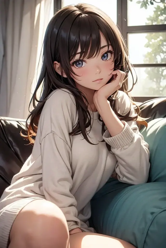 Beautiful young woman, Anime Style, Detailed face, Wearing light summer clothing, Sit on the sofa, Relaxed facial expression, Cozy living room, Warm night light, Moonlight shining through the window, Detailed background with living room elements, High detail, 8K resolution, Cinema Lighting, Highest quality, Gentle shadows, Pastel Color Palette, Instagrammable, Cute and relaxing, beautiful, Warm and cozy atmosphere