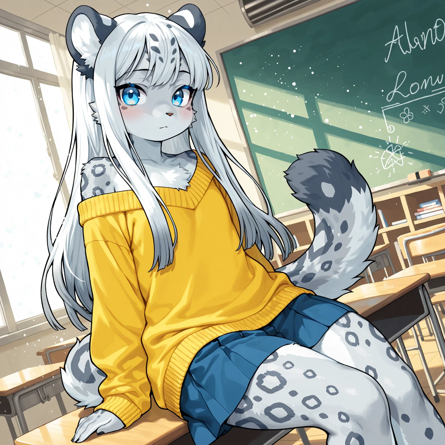 Solo, Furry, Anthropomorphic Snow leopard, Kemono, Young adult Androgynous, Curvy body, Round face, Flat , Grey fur, Tip of tail is dark colored, Blue eye color, Calm expression, White hair color only, Hair length stopped at the shoulders, Feminine hairstyle, Wearing a yellow sweater and blue skirt, Alone, Background: In a classroom, Sitting on desk, Dynamic angle, Focus on Snow leopard