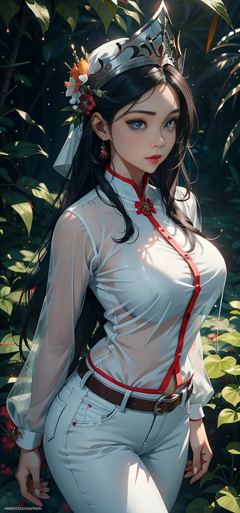 1 female，35 years old，Slim，Very large ， and thin waist，Long legs， solitary，（background：，Cherry Blossom Forest，Rainforest）Standing in the forest， She has long black hair，Front view， curls，Cloudy sky，（（（masterpiece），（Highly detailed CG Unity 8k wallpaper），best quality，Light，详细background，Beautiful and delicate eyes，smart student，black eyes，Snow white skin，red lips（Very delicate and beautiful），（Beautiful and detailed description of the eyes），Super detailed，masterpiece，））face camera，high resolution，Super detailed），nude，Workerck leggings，White shirt