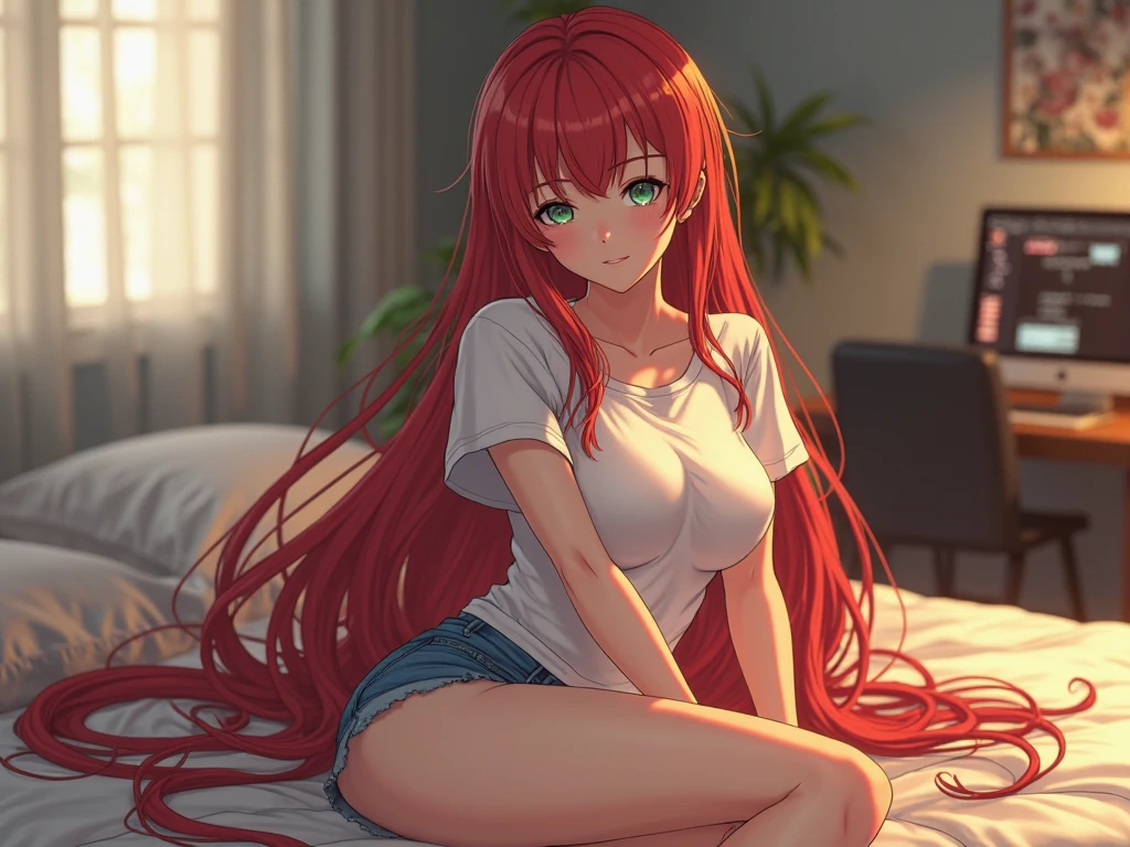 Solo woman, long soft orange hair, hair between the eyes, bright blue eyes, medium chest, breasts, red t-shirt with bare shoulders, black short skirt, underwear, socks thighs, back at home, stand happy,
