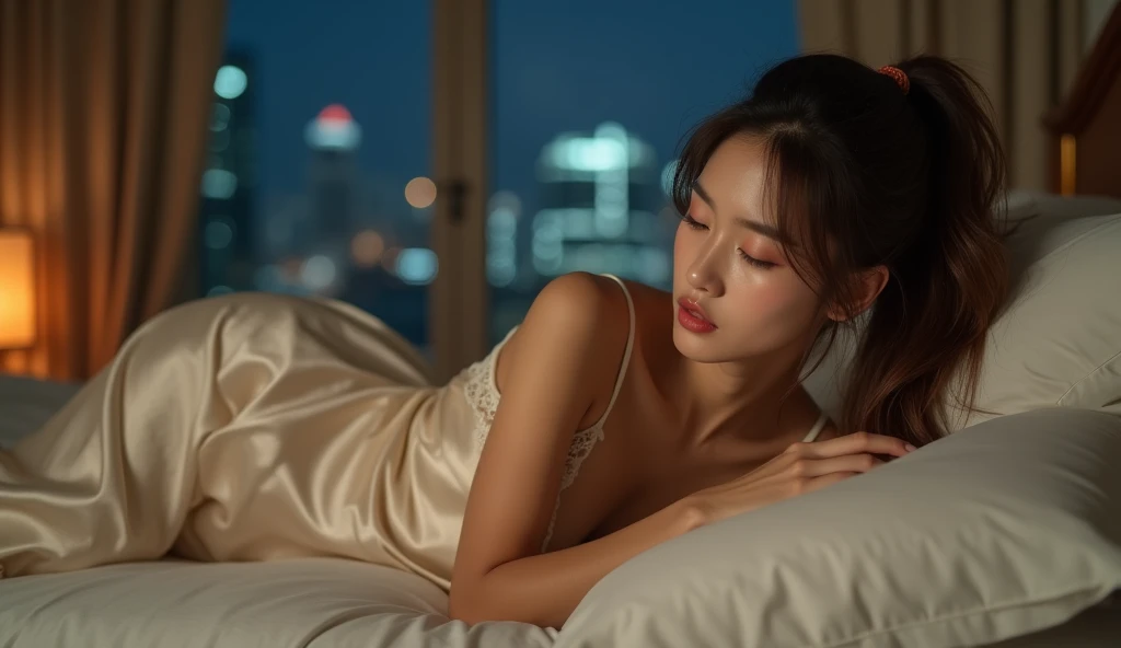 8K, ultra-realistic, hyper-realistic, photorealistic, masterpiece, ultra-detailed, natural lighting, HDR, professional rendering, sharp focus, true-to-life colors, textured surfaces, Create an image of an alone, confident 2 Filipina woman with an hourglass body shape, slightly curvy, standing at 5'4". She has fair skin, long and thick hair, and a small heart-shaped face with subtle cheekbones and a rounded chin. Her nose is delicate, pointy, and . She is lying in bed inside a beautifully decorated, well-lit room. The room is warmly illuminated by soft ambient lights, complemented by the gentle moonlight streaming through large windows. She is wearing elegant, transparent lingerie covered by a flowing transparent sleeping gown on top. The camera is positioned to capture her entire body, showing her relaxed pose as she lies in bed, with her hands resting comfortably at her sides or gently touching her face. Her serene expression suggests she is about to say good night. The night sky outside, dotted with stars, adds a tranquil and calming ambiance to the scene