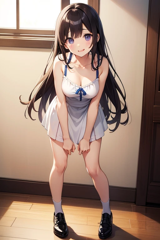 (Realistic:1.3), (masterpiece:1.2), (photoRealistic:1.2), (highest quality), (Detailed skin:1.3), (Intricate details), (Ultra-high definition face)
Reduces light reflections, 1 woman, 19 years old, Detailed skin texture,
She has only two legs, Two arms, Five fingers, Two joints in the fingers, Perfect body balance, good legs, slim legs, left and right legs the same thickness, Smooth Skin
 (blush:0.7), ((smile)), gentle expression
Black Hair, Straight Hair, medium Long Hair, Calm hair, bangs, Hair between the eyes, Hair volume is low, 
Sparkling blue eyes, Lens Eye, Light reflection in the eyes, Symmetrical eyes, looking at the camera, high light in the eyes, (eyelashes), 
hair ornaments,
((Wearing white dress), the dress is one piece type, ((Do not cover the crotch)), ((black g-string panty)), tiny panty, separate Panties from clothes, off sholders
((big tits)), (vagina), (pussy), (camel toe),  under boob, cleavage of ches、
((((Depict from THIGHS to HEAD)))), (((from below))), 
Inside the room, Natural light
((roll up skirt with her hands)), ((stand in the room)), (put her leg on the step), ((Pinch the skirt))