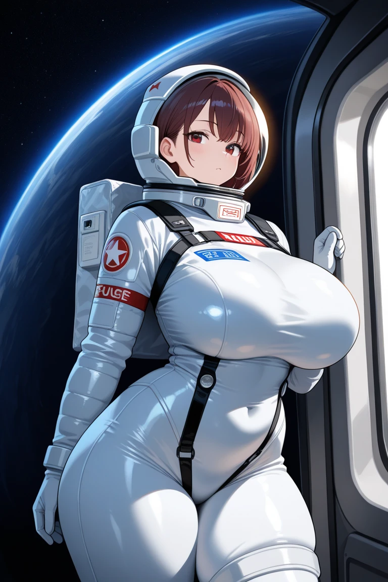 Solo, female, werewolf, black fur, black body, blue eyes, dark maroon hair, smiling, big breasts, chubby, detailed eyes, detailed hands, hearts, short hair, up do, hair bun, tall, wide, large, thick, by bebebebebe, by buta99, red spacesuit, red jumpsuit, space, spaceship, window, standing
