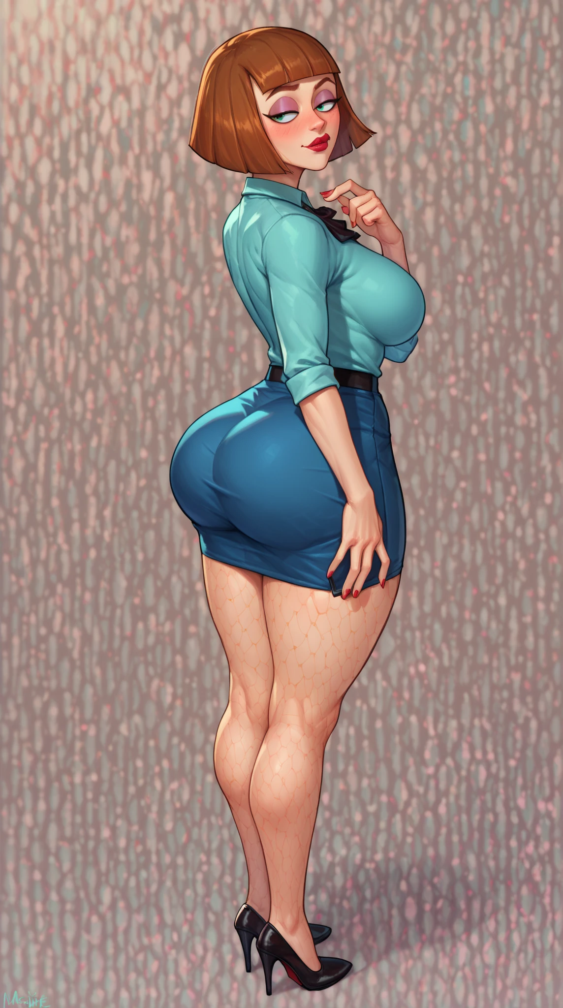 masterpiece, (photorealistic), (8K wallpaper) , (Best quality), perfect quality, One, (detailed purple eyes), woman,Librarian, short brunette hair, very beautiful, mature, 20 years, inside: (sexual sensual inside bedroom), Face : Librarian, small smile, mature, very beautiful Face, plump Face, round Face, adult, plump cheeks, small smile, very beautiful, cute Face (detailed purple eyes) young, short brunette hair , figure: ( very full body, very full figure, very thicc, very thicc, thicc, soft belly, soft, big deep navel, Very soft, Very seductive, thicc buns, sexual curves, wide hips, thick thighs, fat ass, sexual, massive soft breasts, Cupcake top, very thicc thighs, thick thighs, incredibly wide hips) , cloth : (bodycon, tight closed-blouse, strained-buttons, closed-blouse, pants) (short curly brunette hair)