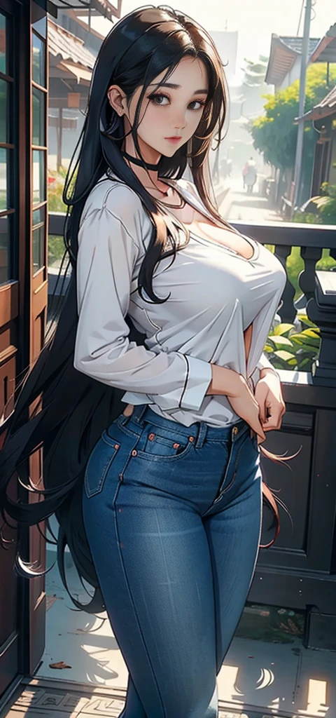 (masterpiece:1.4),(highest quality:1.4),ultra high resolution,((detailed facial features)),HDR,8K resolution,1 girl,blue sky,wavy mouth / :3,(shiny),Sadako,street,shirt,earrings,short jeans,???????????, wet skin,shiny skin,, ,socks over thigh high socks,looking at the viewer,Perfect for your skin,focus only,naughty face,