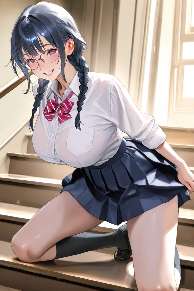 8K、masterpiece、Japanese、Woman wearing glasses、Neon(nod)、from the front、smile、Childish、Big Breasts、See-through underwear、night、Bedroom、Spread your legs and show、mini skirt