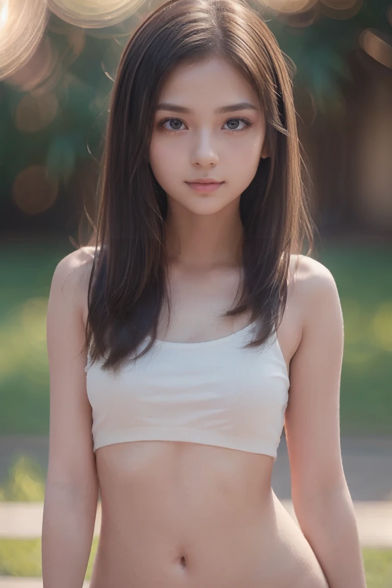 (Cute tween fashion model:1.5), thai girl, asian, close up, bust focus, natural light, stunningly beautiful, slim, perfect 32C breasts, perky nipples, slender, nubile, posing for picture, long straight black hair, bright hazel eyes, natural lighting, perfect full lips, young, youthful, teen, teenager, busty teen, cherry blossoms in the background, tight crop top, tiny shorts, no_bra