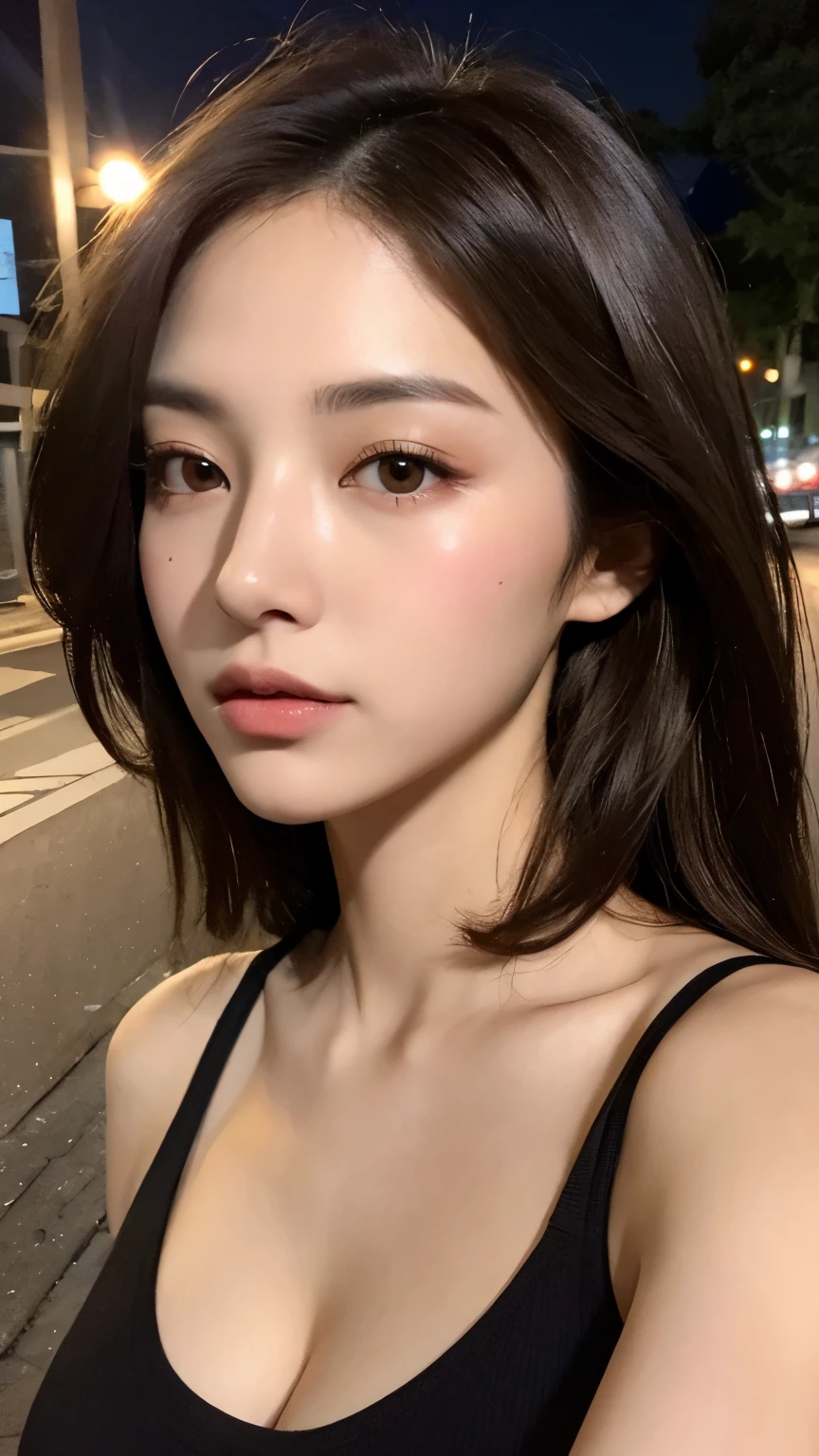 ((Realistic lighting, highest quality, 8k, masterpiece:1.3)), Sharp focus:1.2, One girl, Beautiful woman with perfect figure:1.4, Slim Abs:1.1, ((Dark brown hair)), (White crop top:1.4),(Exterior,at night:1.1),Beach Street,Ultra-fine face,Beautiful Eyes,double eyelid,