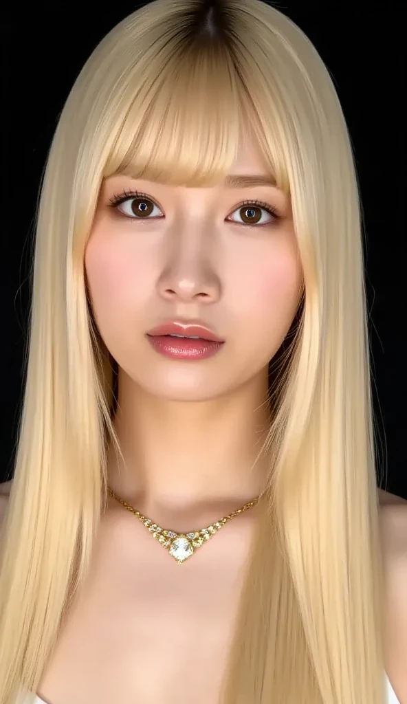 Asian woman with blonde hair, in a gold dress, simple blonde background