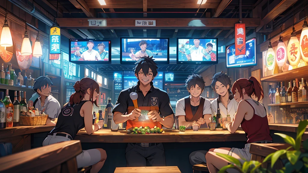 Photorealistic、Highest quality、Highest Resolution、Highest quality、8K、Beautiful woman、whole body、They are grilling delicious looking yakiniku.、smile、Smile、looks fun、Izakaya、Many customers、Beer 、cheers、Beer でcheers、