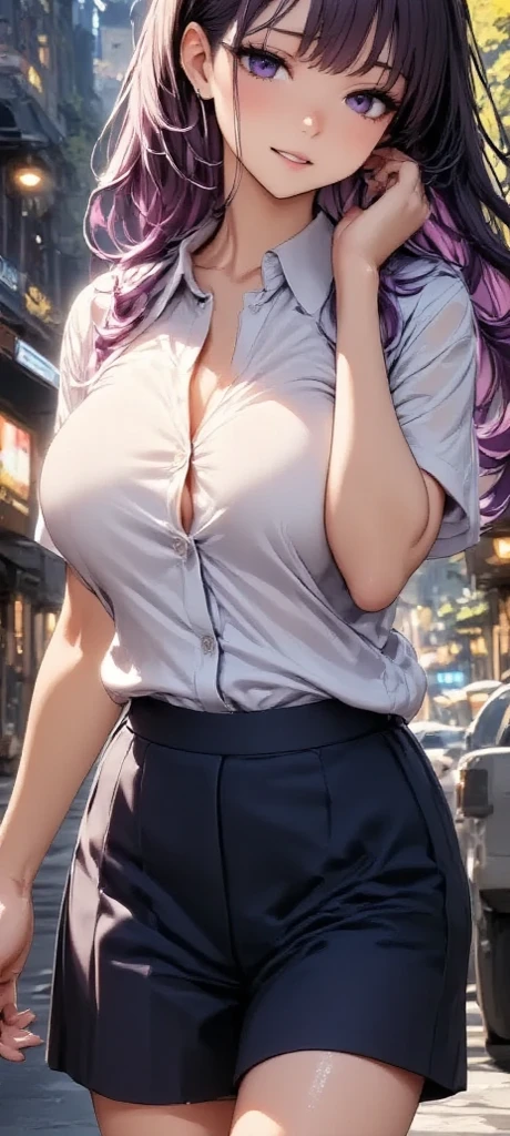 masterpiece, best quality, absurdres, illustration, 8k, perfect shadows,perfect lighting,hdr, ambient lighting,realistic, ultra-realistic, cowboy shot, Photo realistic,(hyperrealistic:1)textured skin,shiny skin,skindentation, beautiful body, (blush:1.2) kaede hozuki, 1girl, blue hair, gyaru, hair between eyes, hair ornament, hair scrunchie, large breasts, multicolored hair, pink eyes, pink hair, side ponytail, sidelocks, two-tone hair, yellow scrunchie (wearing black skirt, cleavage, collarbone, dress shirt, pleated skirt, shirt, shirt tucked in, skirt, thigh gap, white shirt,) ( large breasts,hourglass body, thin waist,very slim waist)extremely detailed face,detailed eye makeup, detail face, nice detailed eyes,nice hands, perfect hands<lora:kaedehozukitest:.70><lora:PerfectFullBreasts-fCV3:.40><lora:beautifulDetailedEyes_v10:0.50> (realistic pupils,realistic iris:1) heavy eye makeup<lora:add_detail:.50> <lyco:GoodHands-beta2:.90><lora:Aesthetic-Portrait-V2:.40> standing,stretched( spread legs:1.2), leg support, <lora:ryanreos-lora-v1-32dim-3ep-naivae:.30>