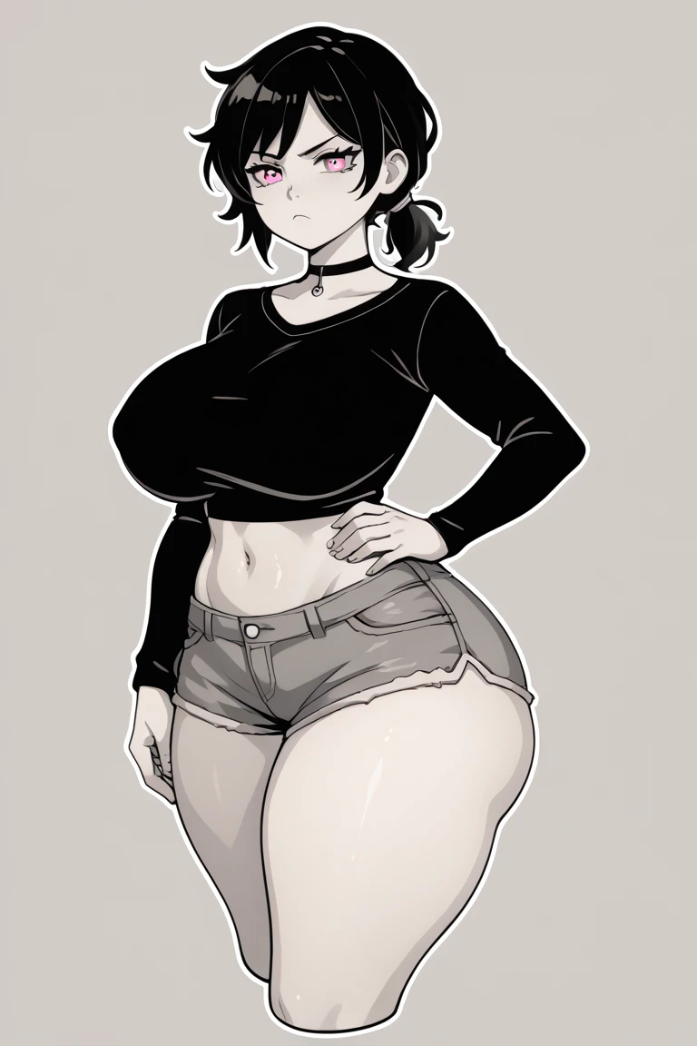 (masterpiece, best quality:1.3), Rizdraws, Thin Lineart, Soft Lineart, 1girl, solo, short black hair, black hair, bangs that go to the side down her face, large round glasses, flat straight hair, cant see eyes through glasses, black tank top, dark gray pants, small midriff, brown skin, wide hips, fat ass, in school hallway backgroung, ((panties visible above the waistline of pants)), gray soft cotton panties, 1/3 view, large panties