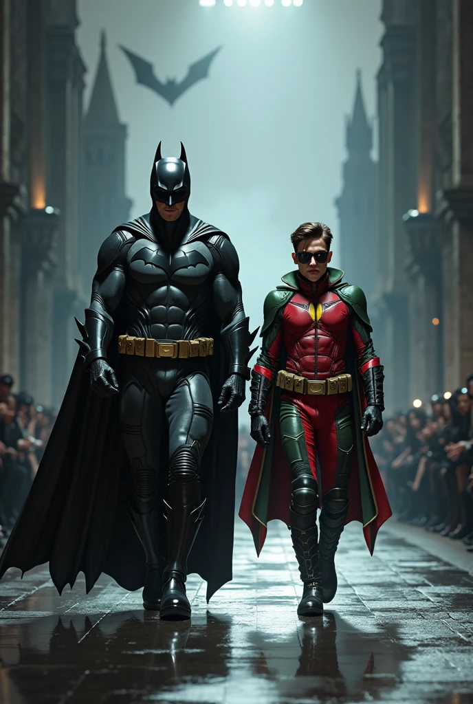 Batman and Robin character from dc comics, style medieval fantasy, dvd screenshot, cinematic lighting, 1980s, realistc, dark fantasy