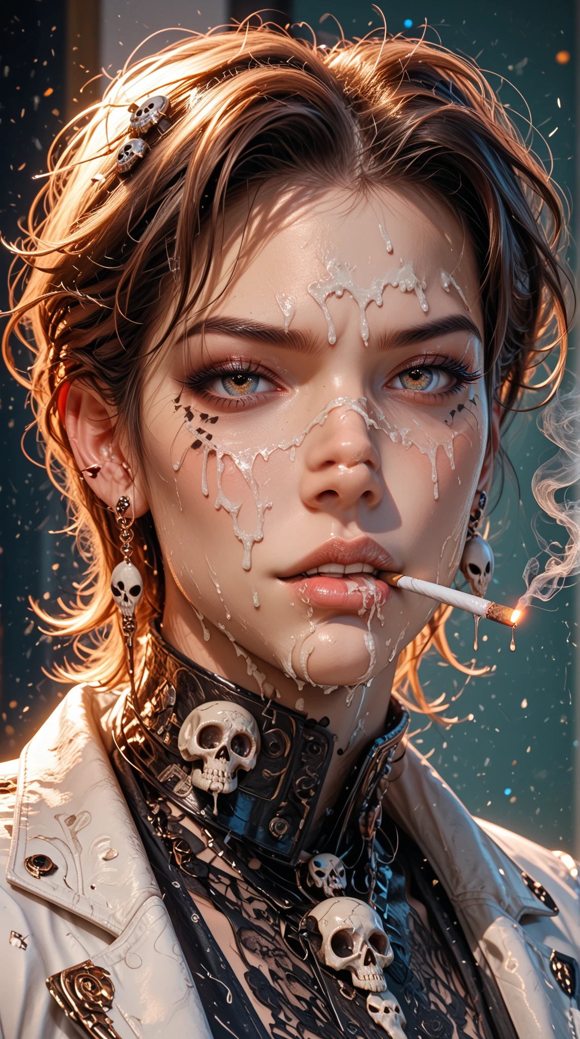 (Highly detailed CG Unity 8k wallpaper),(masterpiece), (Highest quality), (Super detailed), (Best illustrations),(Best Shadow), (Sharp eyeliner, eye shadow, Fine grain:1.1), (inflammation, cigarette:1.3), ,break, (vector:1.2), Wicked Smile,  