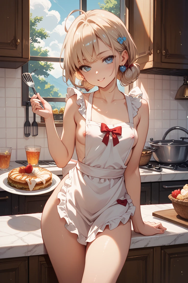 (dynamic angle:1.3, front view:1.1, breast focus:1.3, from above:1.1), (dynamic posing:1.2, sexy posing:1.2), (seductive smiling:1.3), ((looking at cake,Taking a cake out of the golden oven, worried about the outcome:1.2)),highest quality、(real、photorealistic:1.4),(ultra high resolution, 8K RAW photo, clear focus), best qualtiy, natural lighting, field depth, (Bright pupils, detailed beautiful eyes, high detailed face), Red lip, (tight focus:1.2), a girl 22yo old, Wearing a pastry chef uniform:1.3 , Thicc, thin breast, long hair, blue eyes,garter stocking, cleavage:1.2, midriff, black shorts, black thighhighs, thigh strap, pretty girl, (highly detailed beautiful face and eyes,firm breasts),real skin,((black,hair,long pony tail hair)),thin pubic hair,cute,lovely, detailed eyes,(double breasted:1.0,under bust:1.0),(with sparkling eyes and a contagious smile),open mouth, Looking at Viewer,A scene of cooking in the kitchen,looking at the golden oven
