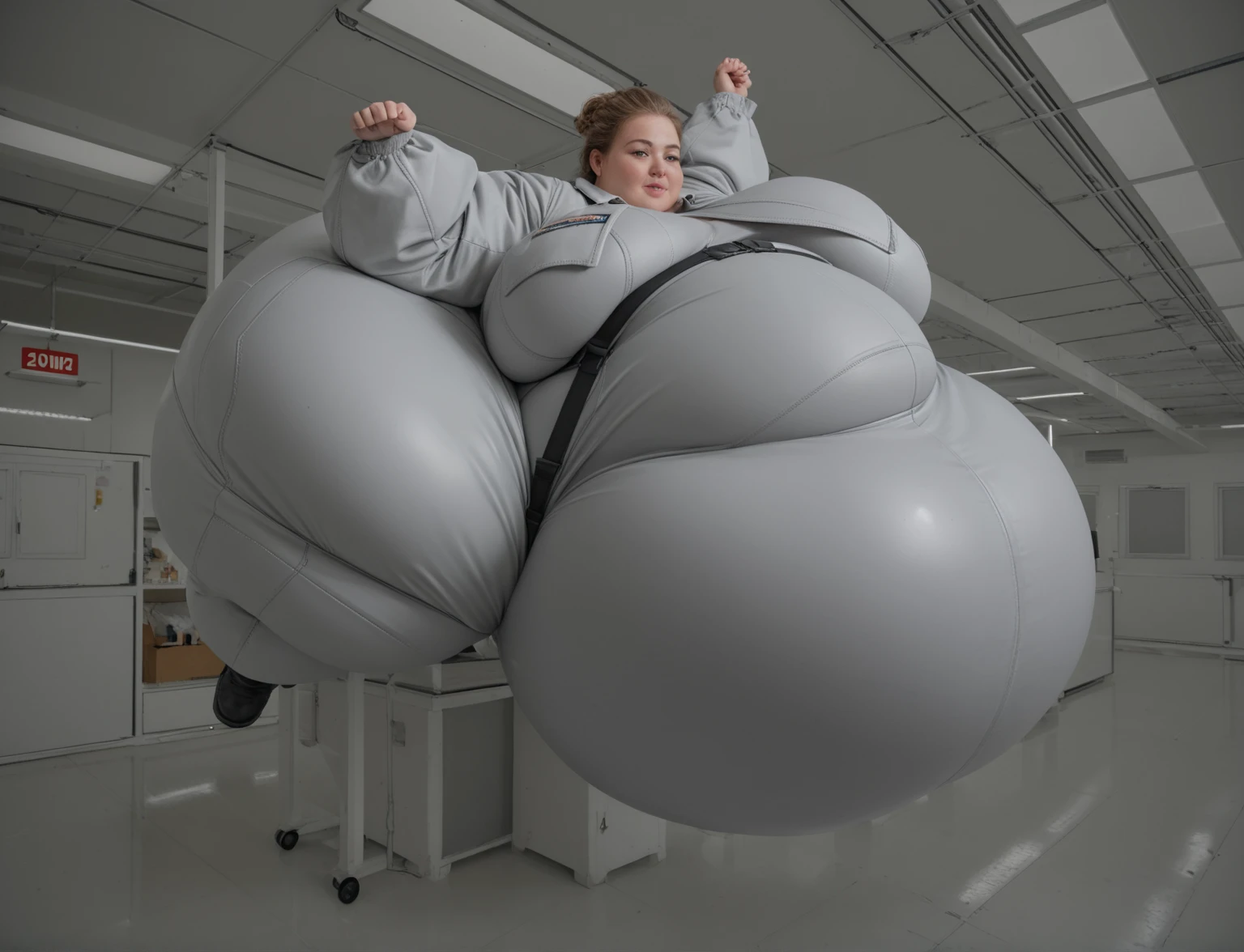 Thick bottom heavy, curvy, wide hipped 30 year old british woman, she is wearing a business suit, she is laying on her belly, she gets bloated and inflated like a gigantic fat air baloon, she is laughing as her wife pushes her out of the office