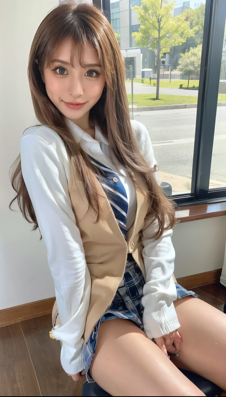 (1 Korean star with royal sister style), ((Best quality, 8K, Masterpiece: 1.3)), Focus: 1.2, Perfect body beauty: 1.4, (Make a smile), (Sunset: 1.3), Watery eyes, Highly detailed face and skin texture, Fine eyes, Double eyelids, Whitens the skin, (Long hair, Air bangs: 1.3), (face round: 1.5), (JK school uniform: 1.4), (Standing on the roof: 1.6),(white stockings: 1.4),(film grain style:1.3),a sense of atmosphere