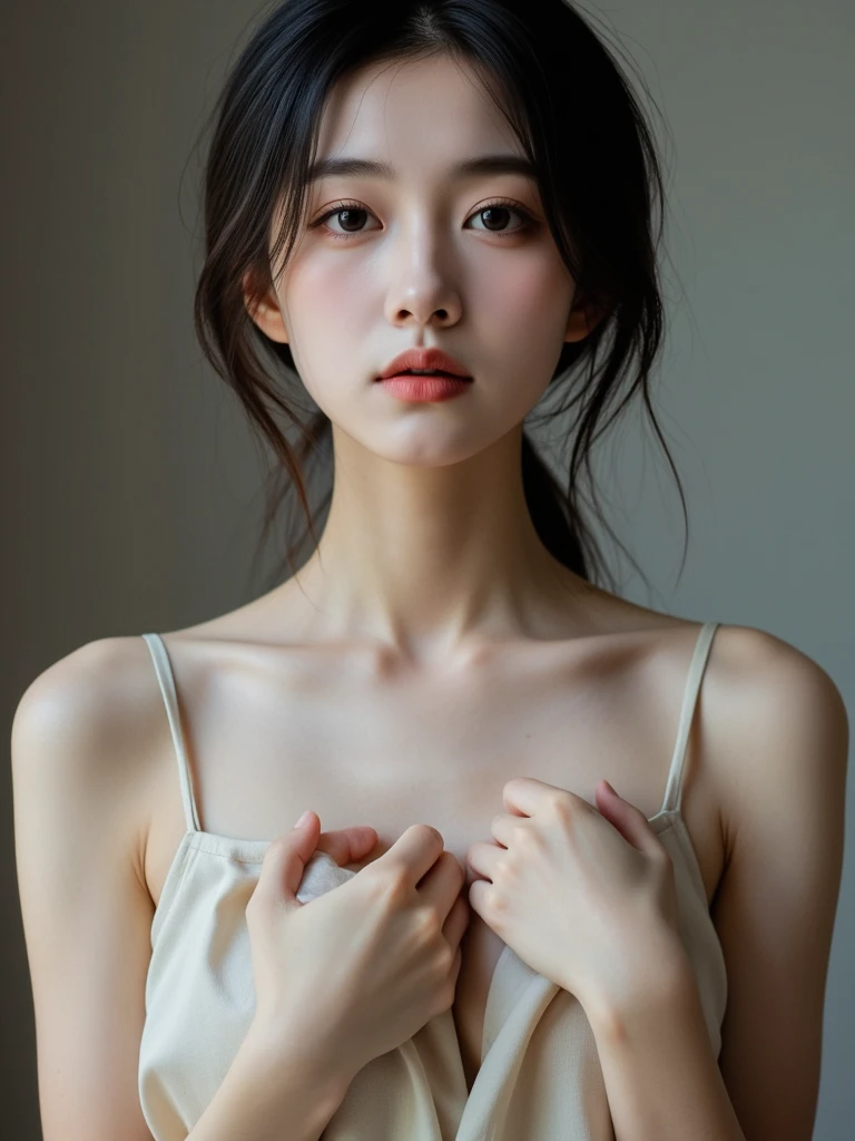 masterpiece, Highest quality, Realistic, Very detailed, finely, High resolution, 8k wallpaper, Professional, High level of detail, Female college student, Slender Japanese women, ((naked)), Collarbone Detail、Perfect Face, Medium Long Hair, Wearing a blouse