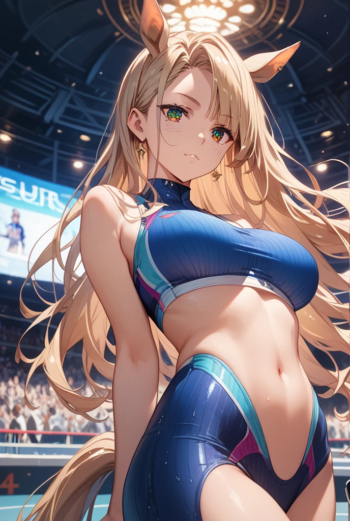 masterpiece, best quality, highly detailed, ultra high res, ayase arisa, 1girl, solo, hair ornament, long blonde hair, glossy lips, medium breasts, aqua eyes, school field, cheerleader, one eyebrow raised, hands on hips, cleavage, midriff