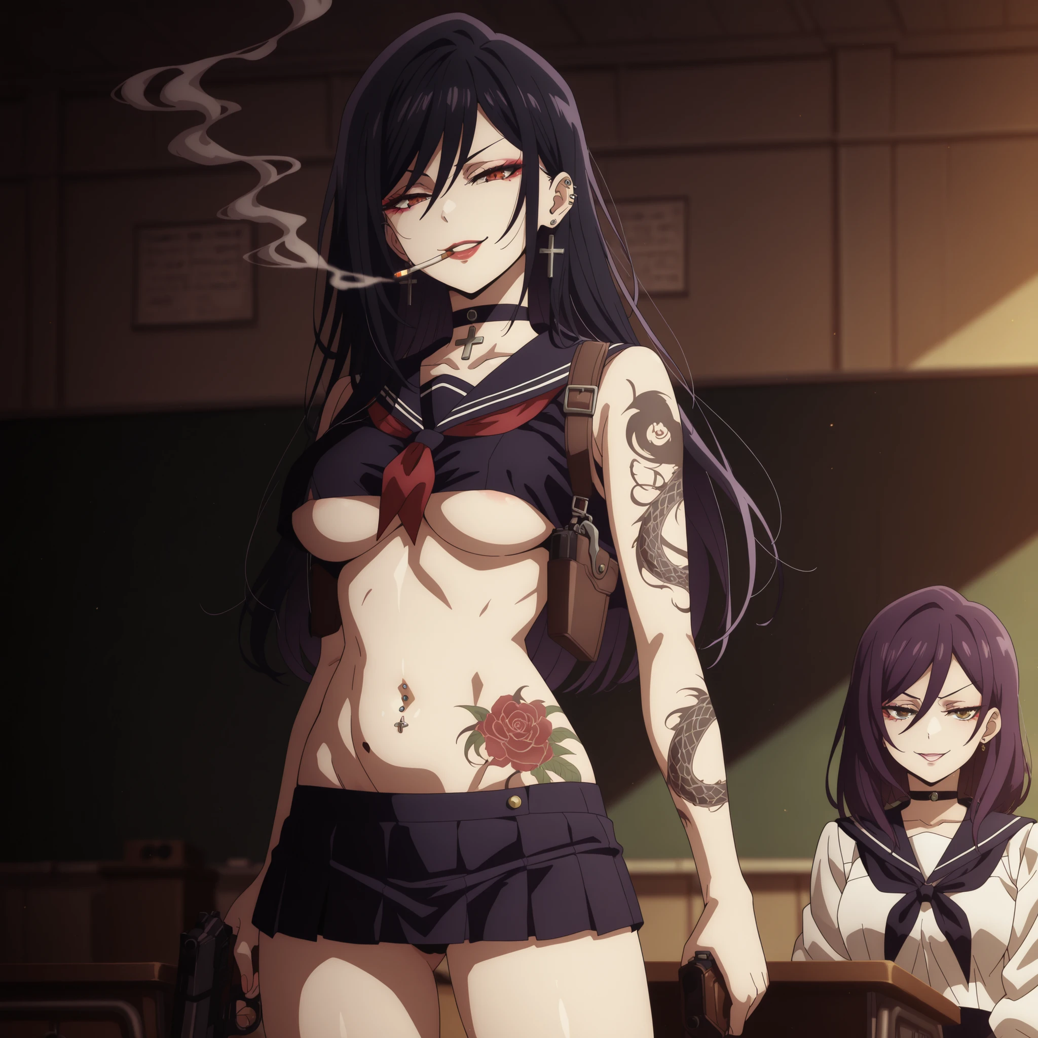 anime screencap, anime screenshot,  eyeliner,, 2girl, two girls, , long hair, [[[tattoo]]], earrings, breast tattoo, waist tattoo, girls, black hair, , purple hair,,, makeup, parted lips, smoking, purple hair, choker, high quality, best quality, great quality, long hair, arm tattoo, eyeshadow, , seductive smile, naughty face, , ear piercing, long hair, lipstick,Hot girl, baddie, smoking, bad attitude, mean girl, sensual, attractive, ,cross necklace, choker, masterpiece, best quality, highly detailed, a girls in sailor uniforms with a gun posing for a picture, evil smile, smile, open mouth,black_serafuku, (nsfw) not safe for work, ecchi style, high school girls, holding a gun, hold a gun, micro skirt, exposed belly, exposed navel, exposed midriff, holding pistol,underboob, exposed lower belly,school, classroom, navel piercing , shoulder holster , medium breast ,looking at viewer , dragon tattoo on waist, narrowed eyes, tattoo on waist, anipai_style , anime screencap , anime coloring, v-shape eyebrows,