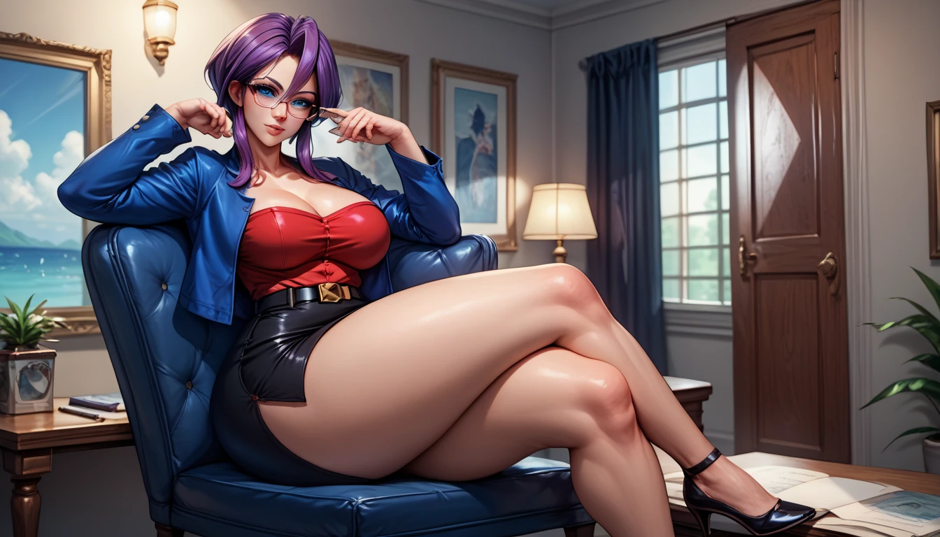 Woman, (tan skin:0.5), squared rimless glasses, cute face, short dark purple hair, swept bangs, yellow eyes, medium breasts, abs, thick thighs, blue business suit, purple shirt, open shirt, cleavage, long blue skirt, ripped pantyhose, smirking, seductive eyes, (shading:1.3), (shadows:1.3), cinematic lighting, edge blurring, house, living room, sitting, couch, pov, looking down, between legs,