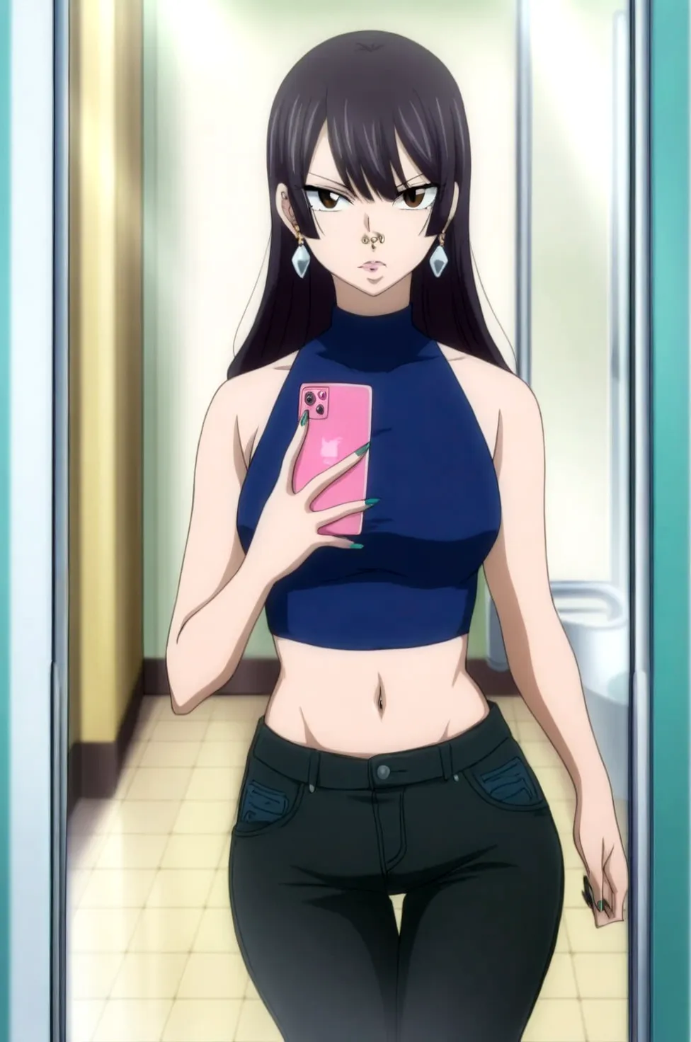 1 girl,(solo), ((amanogawaki)), (masterpiece:1.2), (high quality:1.0), (ultra detailed), (Front View), (Expressionless), Brat, Adolescent, (Yellow Headband), (Black Yoga pants), Crop Top, Mirror, Selfie