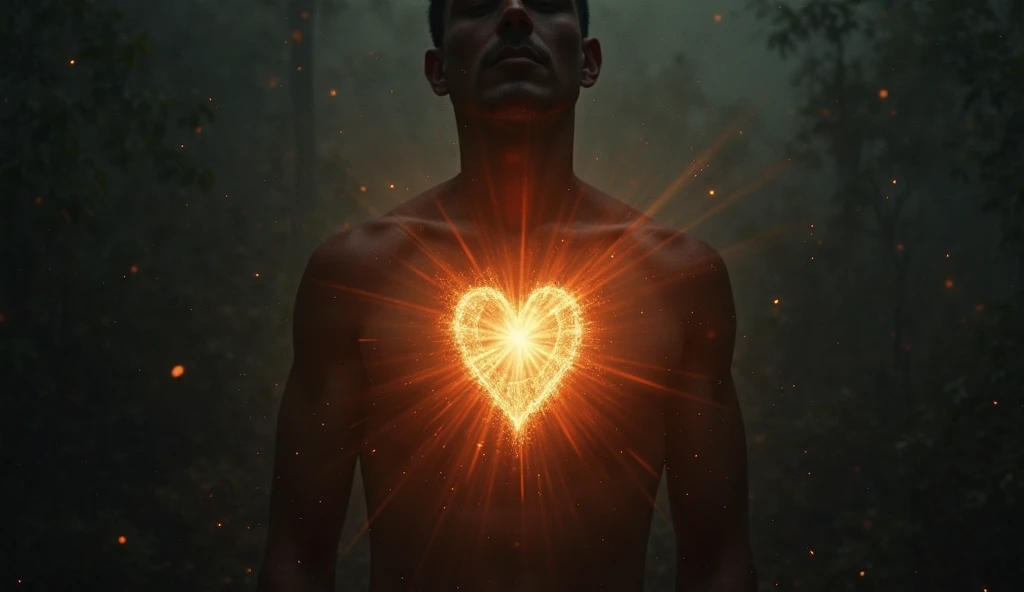 Man with all chakras and a heart coming out of his chest, a golden and illuminated light.