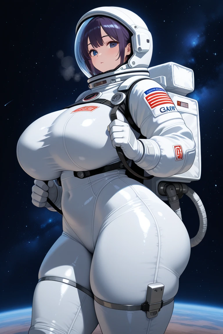 Big butt astronaut, with huge breast and a narrow waist in outer space
