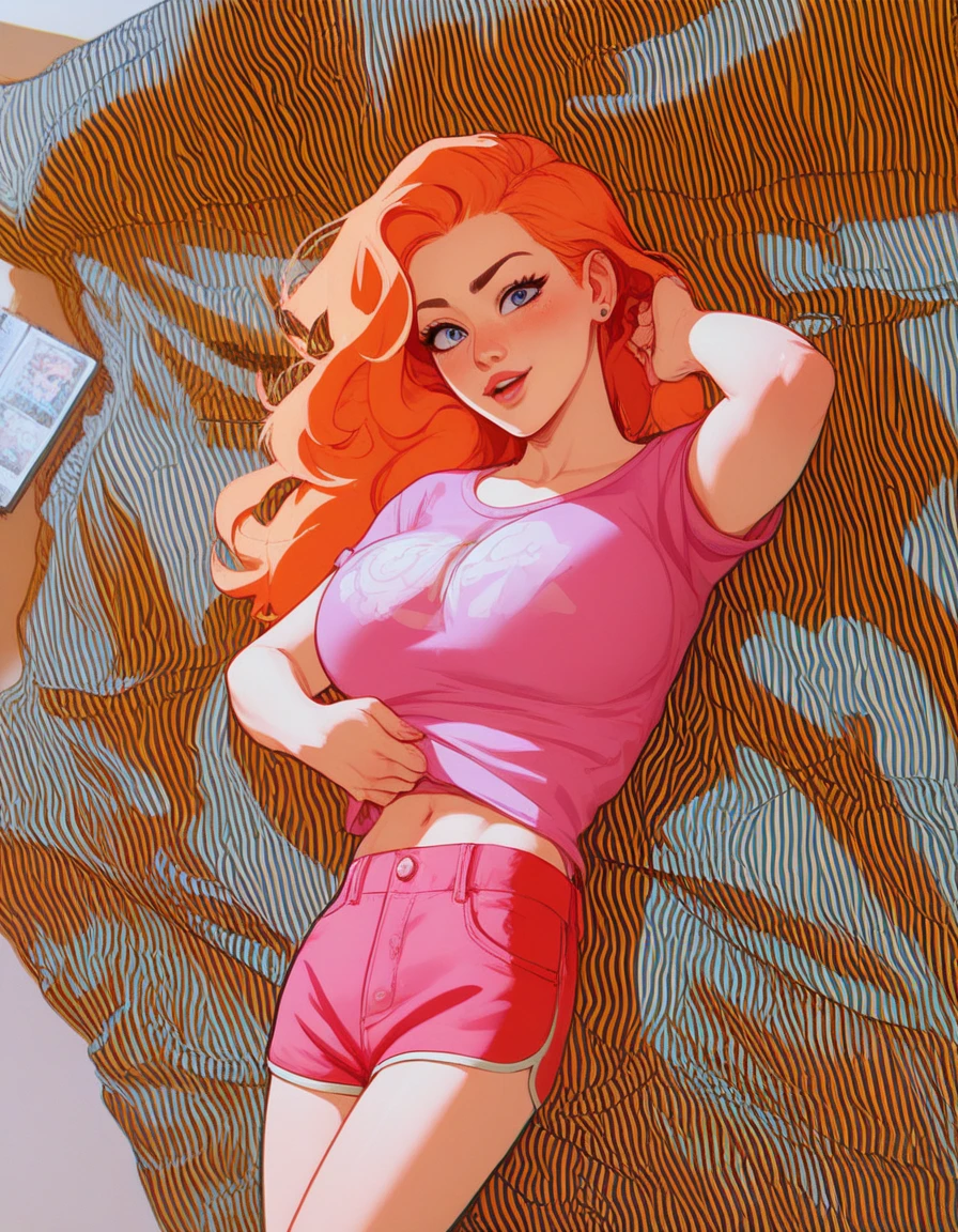Young girl wearing white and orange striped t shirt and orange shorts sitting on a bed,sexy, hot, lustful