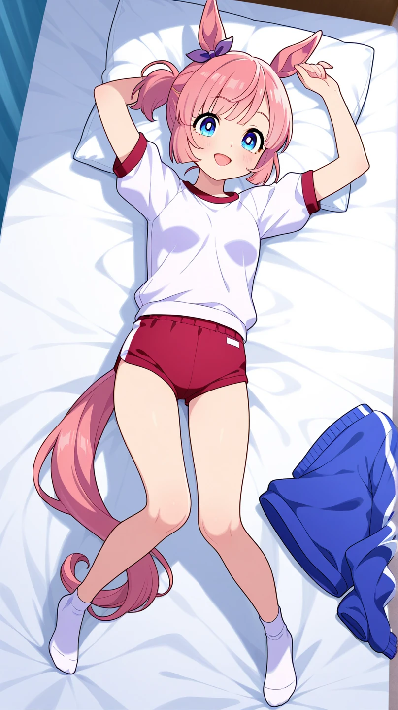 (masterpiece, best quality), colorful bedroom, 1girl, petite, loli, child, (colorful sweater, white panties), (unzipped pants, take off pants), lying on bed, smile, fun, wide angle, vibrant colors, watercolor