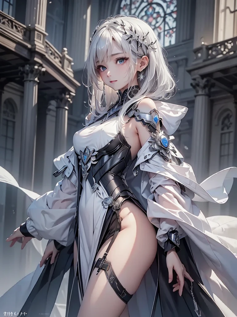 ((Biologically correct limb count))、(( From head to toe、Full-body photo including face))、4K、((Standing position))、masterpiece、((Focus on the face))、((Symmetrical facial features))、Eyes with detailed description、Beautiful woman、Great style、Beautiful arms、Beautiful legs、Beautiful Hands、(Small Ass、Thin thighs)、Facial detailing、Small earrings、necklace、(Red and black leather mermaid dress、((High heels、Patterned stockings)))、((Standing in front of an old castle in the daytime sun, looking up))、Silk gloves、(((Silver Hair)))、(Thick fog)、Realistic photo