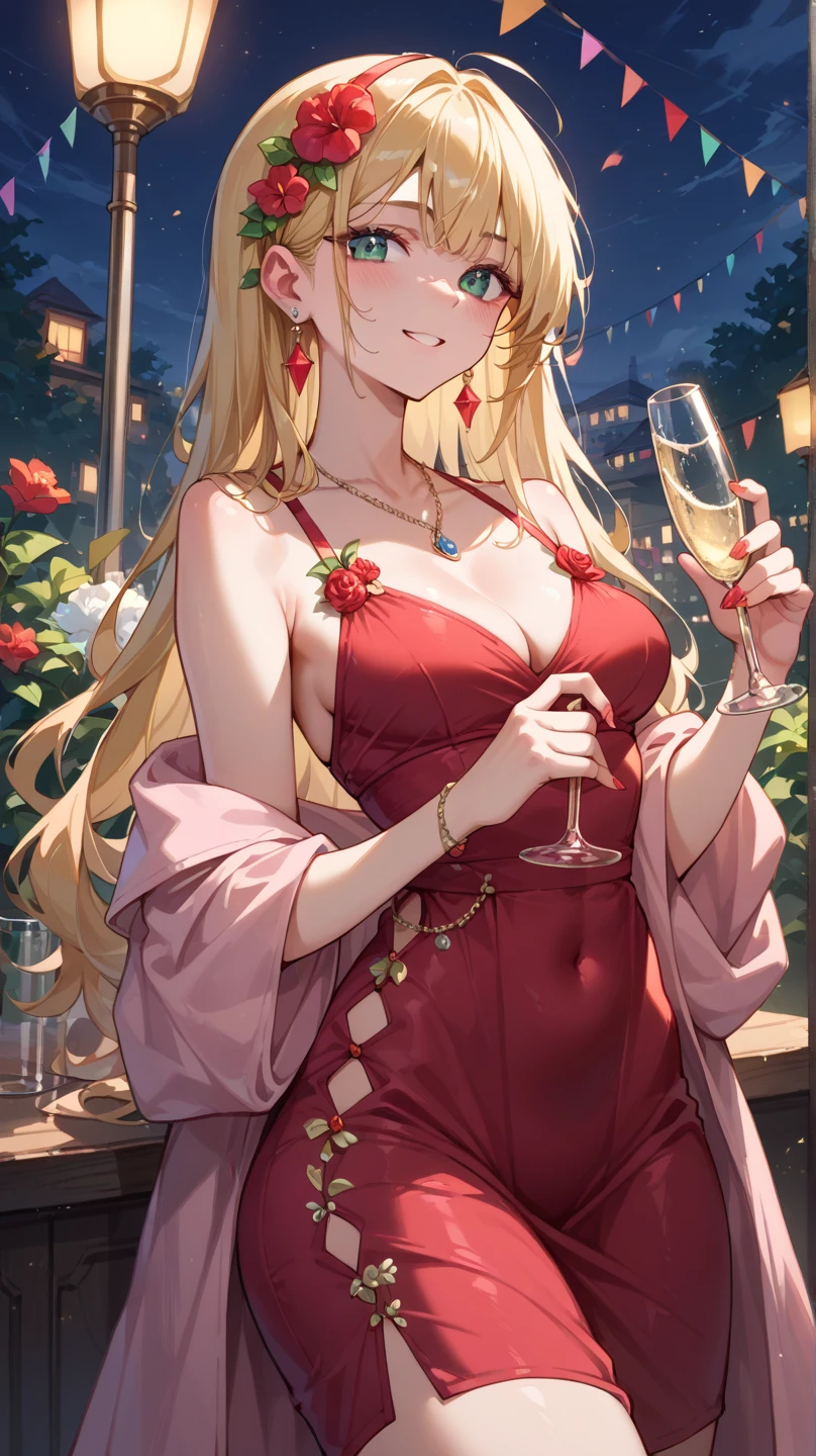 ((A sexy and beautiful woman holding a wine glass and looking at me on the terrace)), ((The cutest 22-year-old beauty)), Charming smile, ((Fireworks in the background) ), ((Very long hair) ), ((One piece with a lot of exposed parts)), ((Rich bust)), Gradient eyes, Seductive makeup, Single view, NFFSW, UHD, Retina, Masterpiece, Accurate, Anatomy Scientifically correct, textured skin, super detail, high detail, high quality, award winning, highest quality, high resolution, 1080P, HD, 4K, 8k, 16k