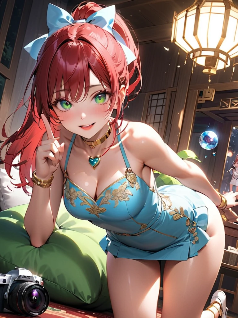 master part, best quality, Ultra high resolution (Realismo: 1.4), foto original, Lente 35mm, abertura F1.4, movie poster, luz e sombra, cenario de festa no fundo, Scantily clad young lady, garota de anime, garota propaganda para o Youtube cabelos azuis longos, pele real, (Detalhe da pele: 1.3).