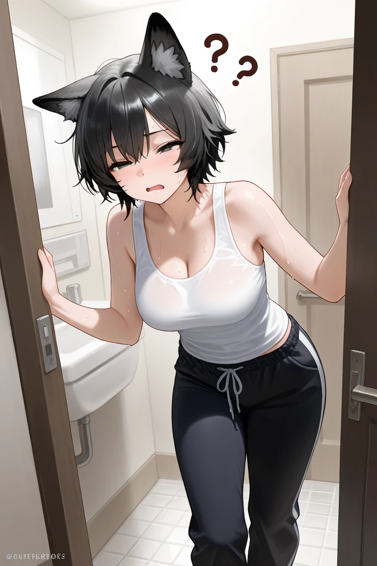 ((masterpiece,high resolution,high quality)),Cat porridge,One girl, alone, (Firm breasts, Huge breasts:1.25), blush, notice, From the side, Oversized naked t-shirt, foot, Bathroom, Look at g_Away, stand de g, Covered nipples, (continue:-0.6), No pants, Closed_mouth, Expressionless, (See-through silhouette, s and k), (mirror, stomach, Fat, muffで top:0.7),