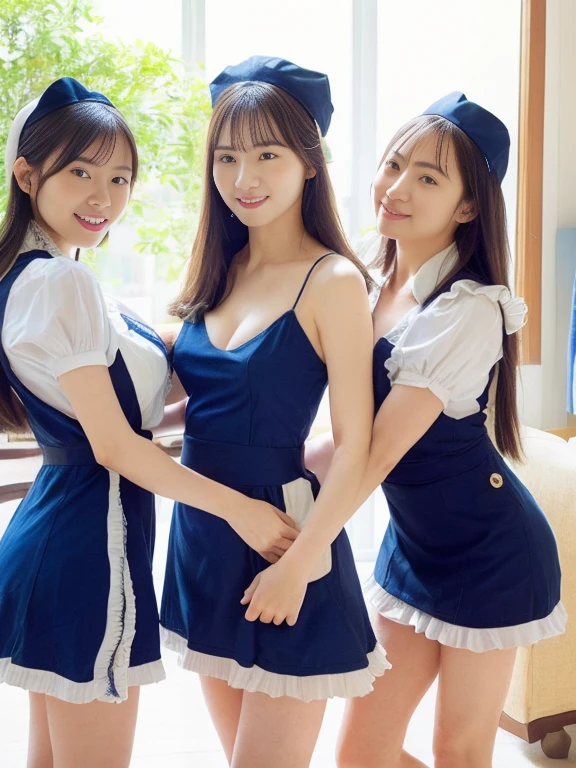((2 girls))、laughter、fun、skirt、(small breasts)、in house、Chirarism、dress、((Pinnafor))、((maid))、((hair ornaments))、torn skirt，(grab the skirt)、 (perfect hands, perfect anatomy),cowboy shot、(skirt lift:1.3), (white panties:1.3)、 (adnet weight:1.0)、(skirt that rolls up:1.3)、(fully exposed panties:1.5)、