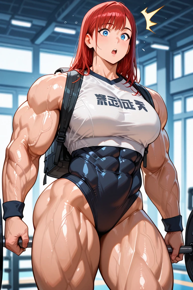 (masterpiece), (best quality), photo from below pov, woman over photografer , very tall , hentai face, hands on hips, perfect eyes, perfect face, volumetric lighting, 1girl:1.4, giant mature female, red short hair, looking arrogant, vascular muscles, hyper detailed muscles , white wet micro transparent bikini, roupa apertada, sweat, huge breasts, ((((Muscular Quadriceps)))), (((Massive Female Bodybuilder))), huge muscular arms shoulders legs, abs, spaced legs