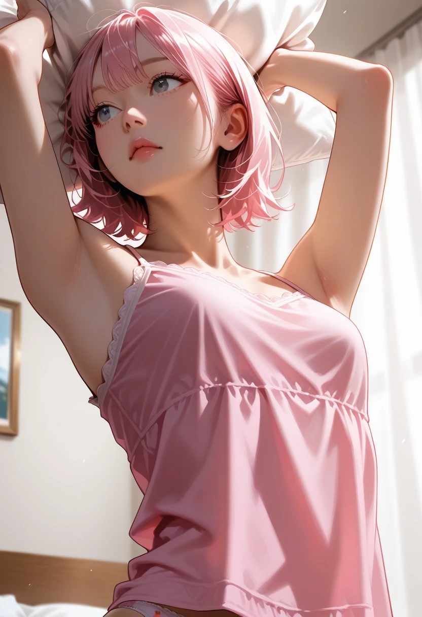 (photorealistic:1.6),(High resolution:1.6),(solo, one woman:1.5),(Thin woman:1.2),chuuChloe,(pink hair:1.3),(Personality is lewd),(Slender Body),(amazing orgasm),(Ecstasy),(masochistic),(being sexually tortured),(Fainted face:1.5),(absentminded:1.5),(lie on back in bed:1.5),(be exhausted:1.3),(Expressions of pain),(Reached sexual climax),(ahegao:1.3),(Blushing:1.5),(Exhausted),(Big Saggy breasts),(body feels excited:1.3),(Scream),(Sheer tank top:1.5), Panties,(orgasm face:1.4)