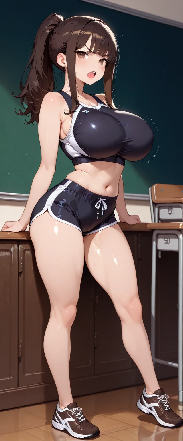 Detatched head selfcest (((2heads))), in tight yoga pants realistic photography, a very sweaty pale Angela white, Angela white’s face, chubby, thicc, quad-, boob sweat, very pale skin, (big bulge:1.5), fit, brown hair with highlights, Abby Shapiro, mommy milkers, detailed eyes, unathletic, very wide shoulders, (dressed like a schoolteacher, cleavage):1.5, wet, drenched:1.5, sweaty:1.7, beautiful hair, unathletic, classroom background, full body, realistic, detailed, doing yoga, stretching( many extra limbs) holding detatched head, full body shot, beautiful feet, 10 arms coming out of body like goddess , many extra arms, 