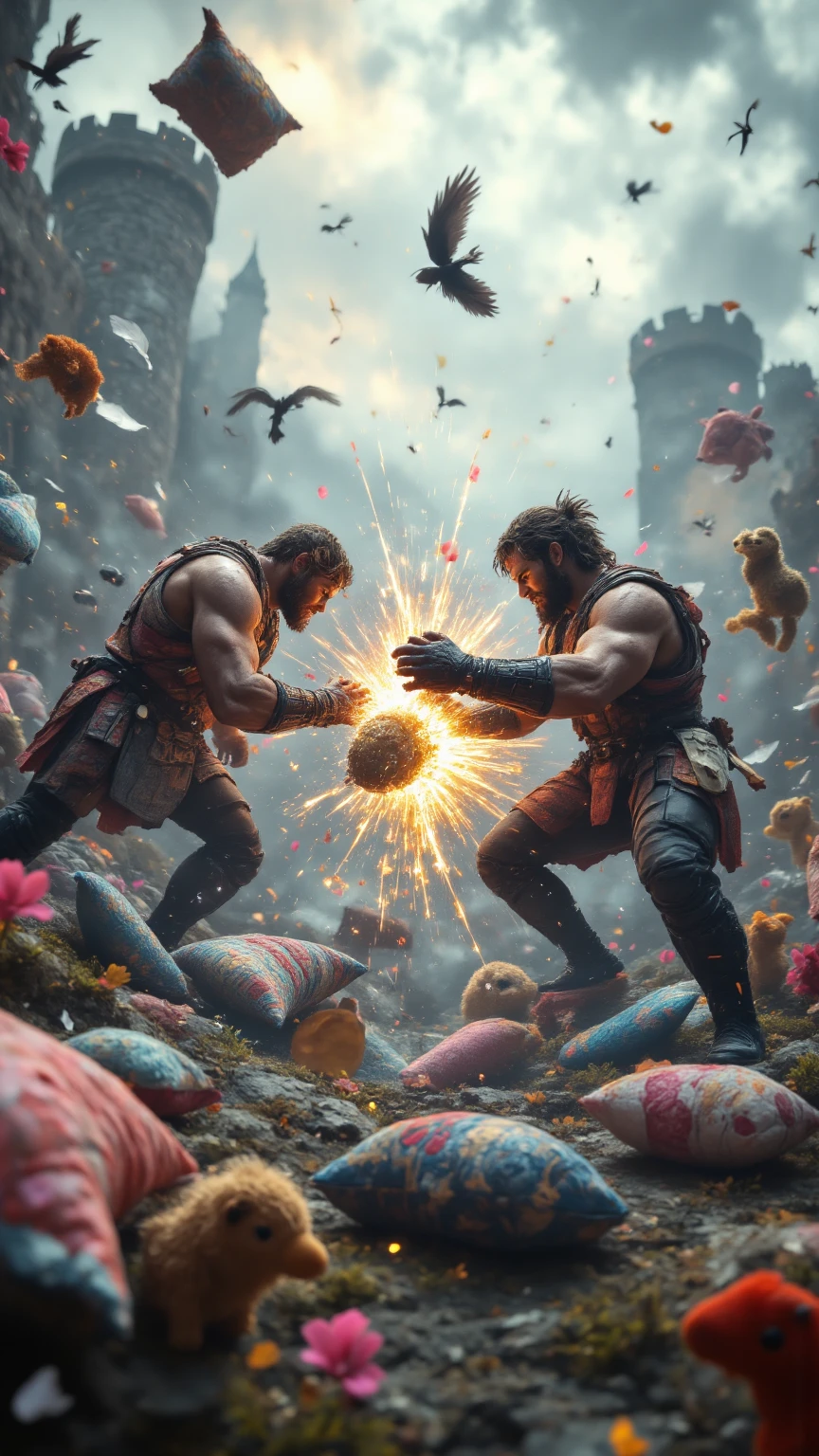 A hyper-realistic fantasy battle scene featuring two handsome, muscular young men (around 23 years old) with fair skin and strong, heroic facial features. They are locked in an intense, dramatic pillow fight, directly facing each other in mid-swing, each gripping a massive enchanted pillow with both hands. Their armor is crafted from layered pillows, colorful quilts, and plush toys, combining softness with a medieval fantasy style. Feathers explode into the air at the moment of impact, captured in cinematic slow-motion. The background reveals a surreal battlefield filled with flying pillows, tumbling stuffed animals, and whimsical castles made of patchwork and cushions. The sky glows with pastel colors, magical sparkles, and drifting feathers, adding a dreamy, epic atmosphere. The style is photorealistic with fantasy elements — highly detailed human characters, realistic lighting, dynamic action poses, and a playful but intense mood.

