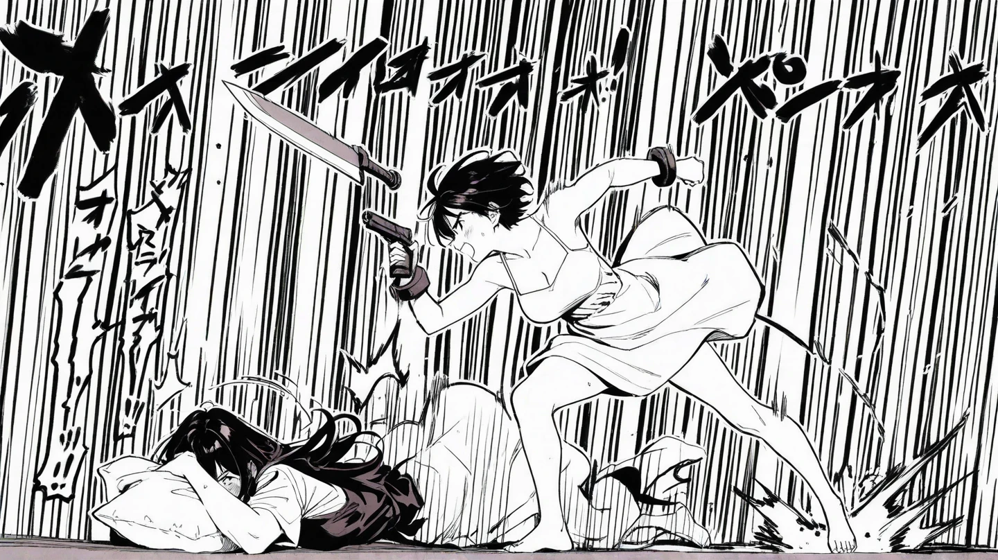 anime characters are standing in a room with a sword, black and white manga panel, black and white manga page, striking manga artstyle, black and white manga style, practising her sword staces, black and white manga comic, sword attack, black and white manga, award winning manga style, ayaka genshin impact, isekai manga panel, anime fight, sword fight
