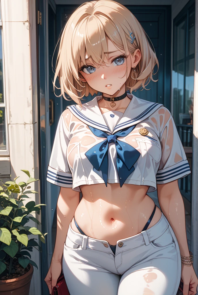 absurdres, (masterpiece, best quality), (ultra-detailed), extremely detailed, super high resolution, (Top Quality photorealistic Illustration), (Super Definition), (best quality,masterpiece:1.0),(cute illustration:1.3), (high Saturation:1.2), highres, ultra-detailed, 32k,8k resolution, intricate details, cinematic scene, detailed background, detailed background,(masutepiece:1.2), (Best Quality:1.2), hyper detailed illustration, beautiful artwork,(Extreme detail CG Unity), (8K Wallpaper)、(exquisite lighting and shadow)、(highly dramatic picture)、(cinematic lens effects),strong light coming in, BREAK (dynamic angle:1.6), (close to viewer:1.6),from below, depth background, in the Poolside, night pool, splashing, blue sky, windy, rim light, sunlight, beautiful lighting, strong light, widely, (girly standing:1.3), ((looking at viewer)), BREAK 1 girl, (us1),blonde hair, (purple eyes1.3), ,short hair, short bob cut, (straight hair:1.8), cute girl, (round face:1.6), (baby face:1.6), (kawaii:1.6), (cute:1.6), (loli face:1.6), (round eyes), (ultra-detailed brilliant big eyes), (large pupil), ((shiny skin)), ((pale skin)), (shy), (blush), smile, BREAK (show off nipples:1.8), (sailor uniform lift:1.8), (exposed chest:1.8), (no bra:1.3),medium breasts, (small nipples:1.2), (small areolas:1.2),,(very extremely small panties:1.8),(pussy line:1.3), Big smile