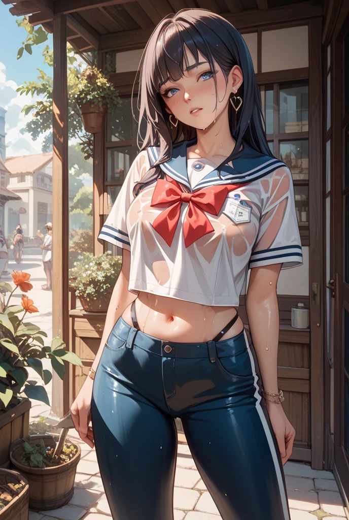 absurdres, RAW photo, extremely delicate and beautiful, masterpiece, Best Quality, ultra high resolution, 32k, hyper realistic, ultra-detailed, Very detailed CG 8k wallpaper, detailed background, landscape, Beautiful Lighting, Perfect Lightning, Realistic Shadows, perfect anatomy, anatomically correct, ideal ratio body proportions, perfect figure, Perfect Style, Perfect balance, super Detailed skin, in her 30s, very Slim body, narrow waist, very small head, very small face, delicate facial features, handsome detailed woman, very detailed eyes and face, realistic face proportions, Realistic beautiful face, Realistic beautiful eyes, tearful mole, earring, full body shot, full legs, full knee, full foot, very huge round tits, medium hair, asymmetrical hair, wavy hair, indoor, crop top, golf uniform,