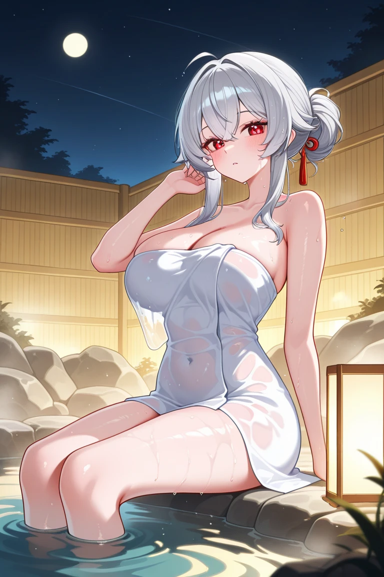 1girl, white hair, purple eyes, portrait, realistic, towel, (onsen), sidelighting, wallpaper, nsfw,